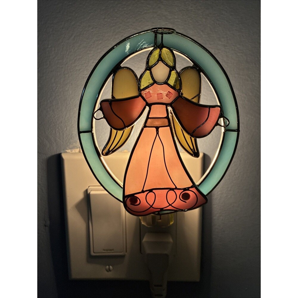 Vintage Stained Glass Angel Night Light Large 5” Plug In Wall Lamp Pink Blue